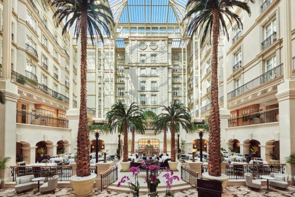 Hotel atrium featuring tall palm trees beneath a spacious glass ceiling, creating a bright and inviting atmosphere.